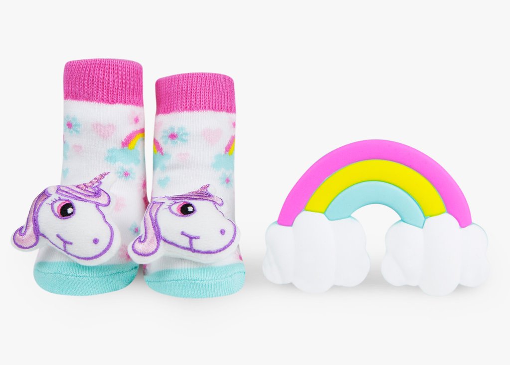Unicorn Rattle Socks & Rainbow Teether Baby Gift Set 0-12M