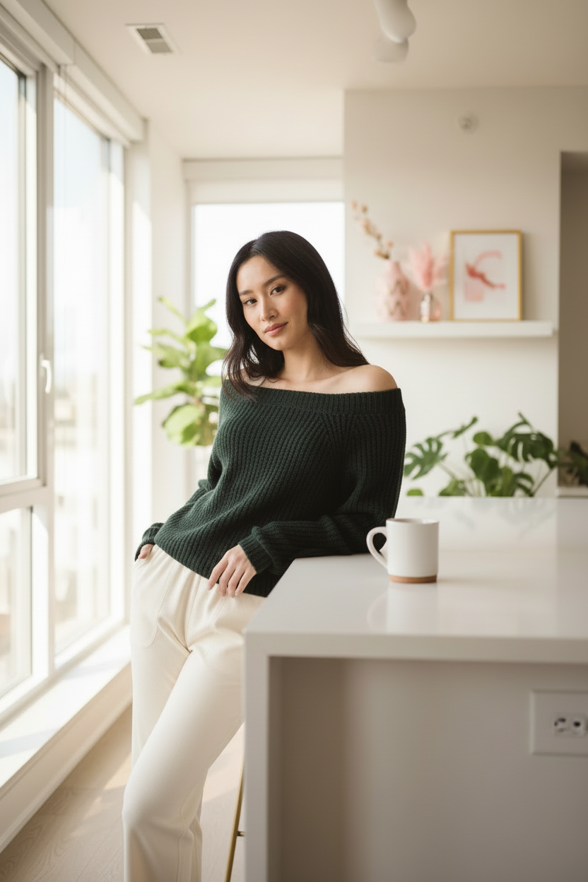 Woman in a green sweater sitting at a white desk with a cup, in a bright room with plants.