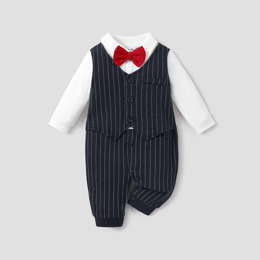 Baby Boy Gentleman Bow Tie Striped Jumpsuit