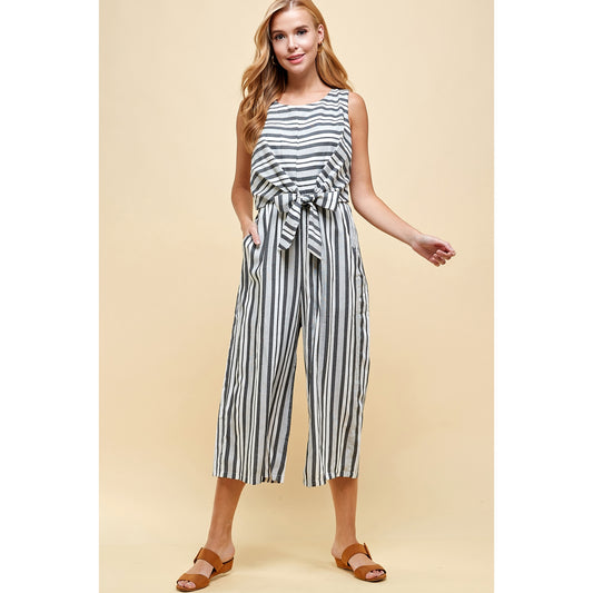 Striped Front Tie Gaucho Jumpsuit