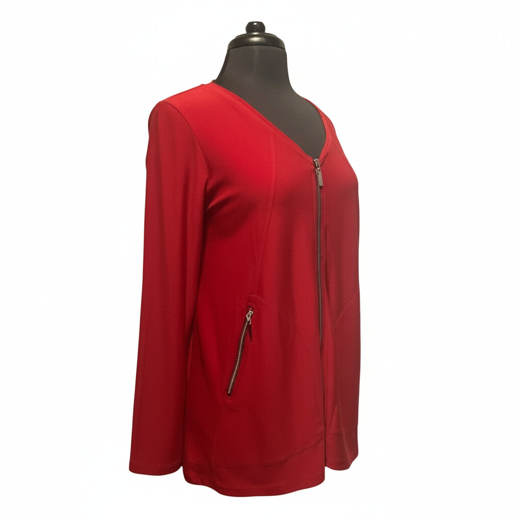 Red tunic jacket side view showing zipper pocket detail and relaxed fit