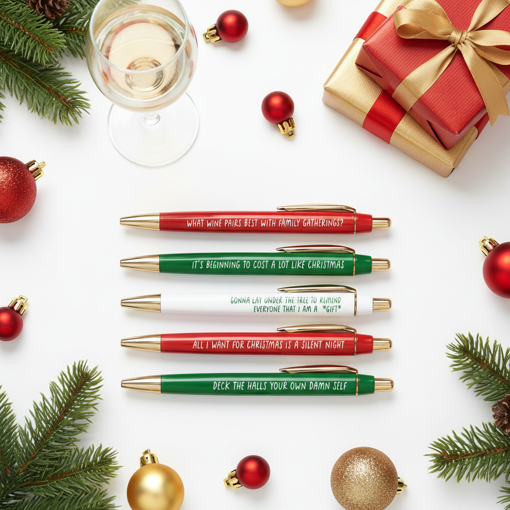 Sarcastic Christmas pens with wine and holiday props