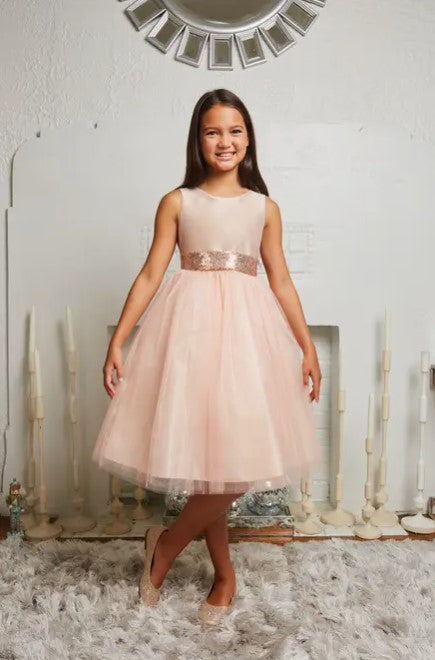 Girls' Rose Gold Sequin Back V Dress