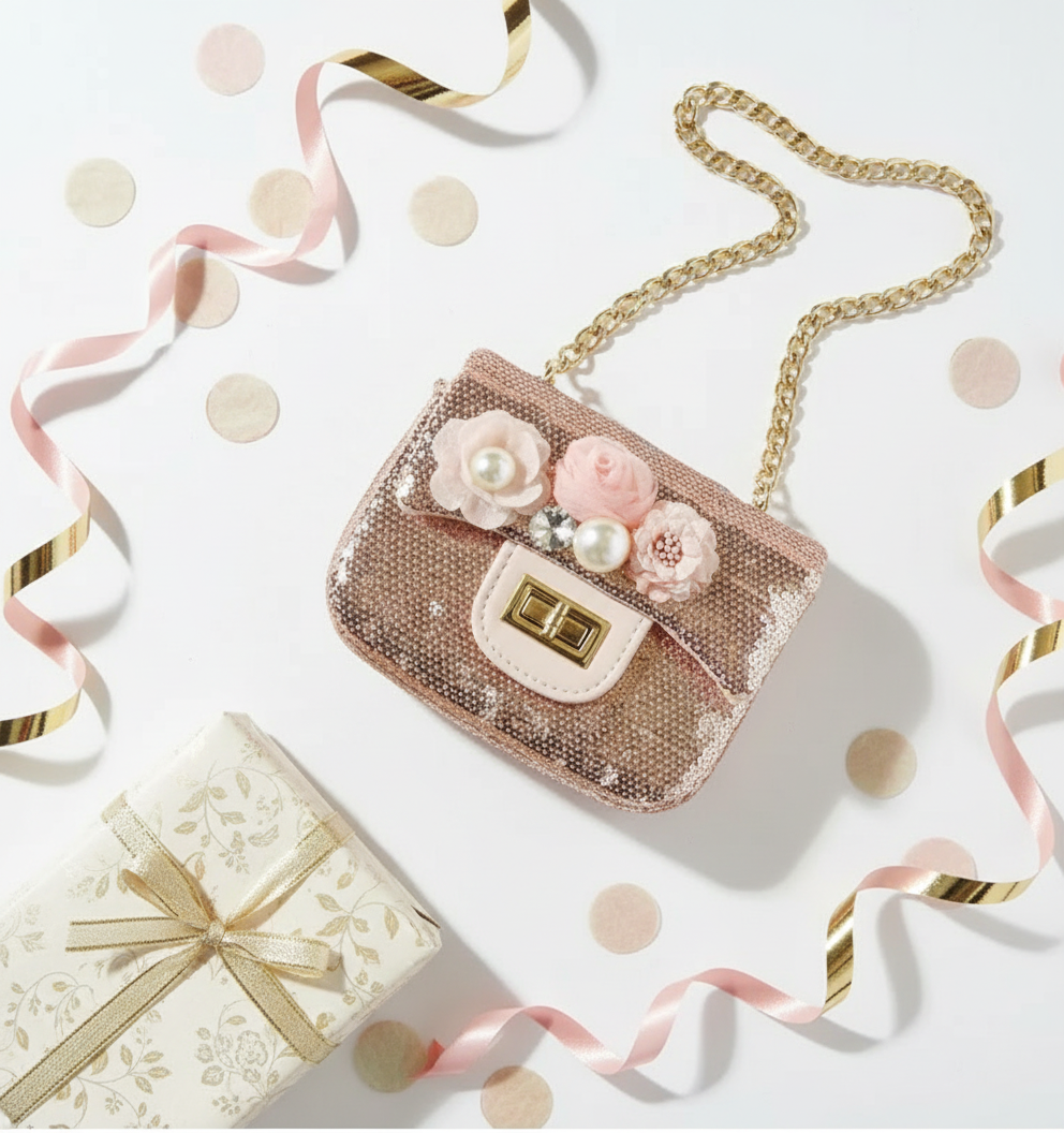 Sequin purse styled flat lay with party elements