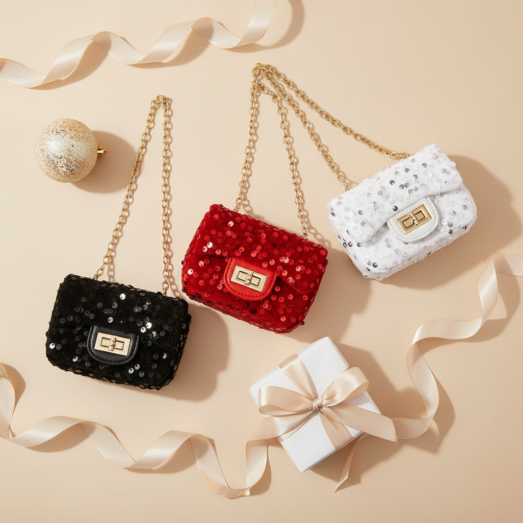 Red, white, and black sequin velvet crossbody purses with gold chain straps arranged in holiday flat lay with ornament and gift on neutral background