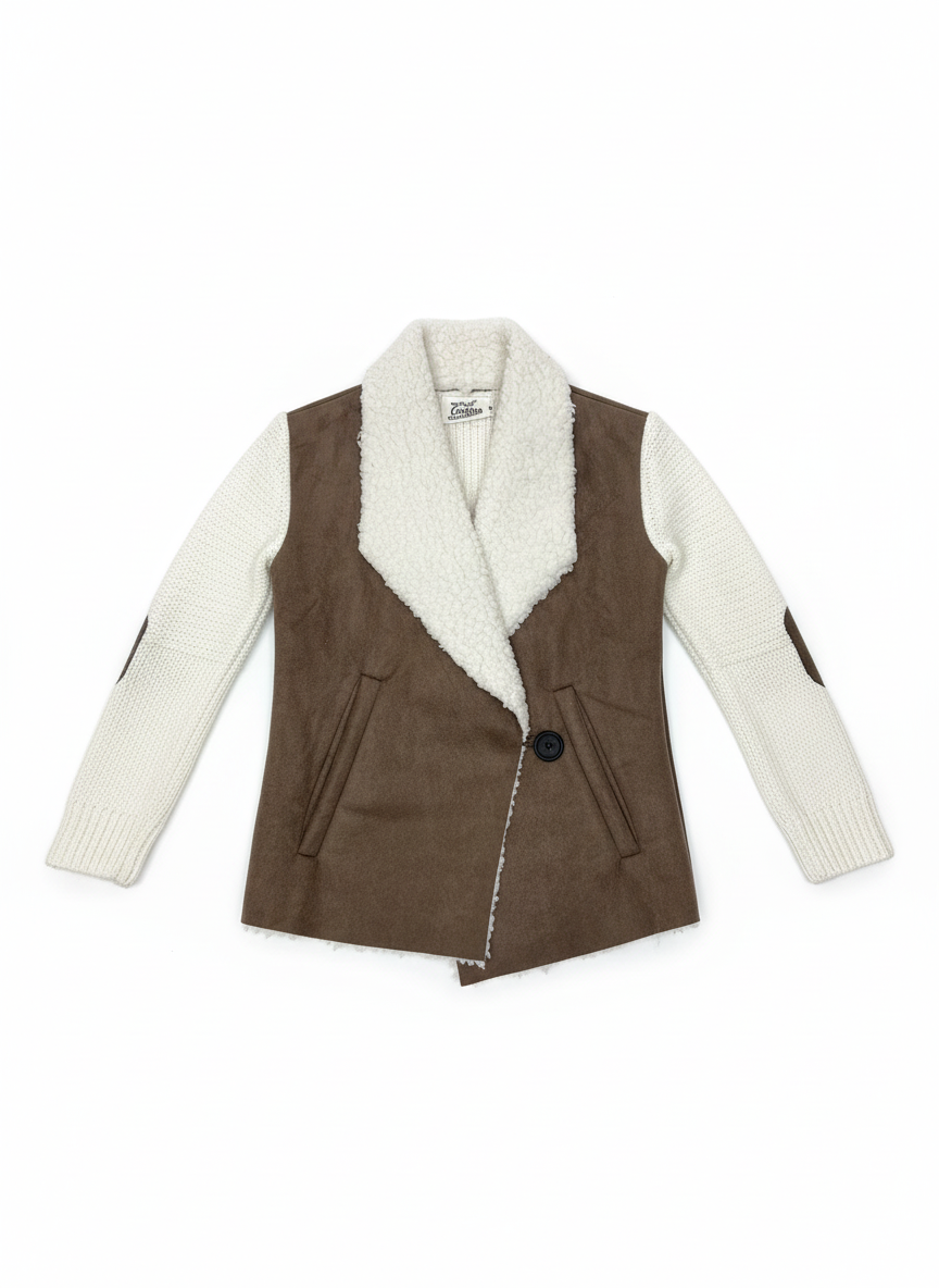 Girls' brown faux suede sherpa-lined jacket with white plush collar, cream knit sleeves, and suede elbow patches laid flat on white background - toddler fall outerwear