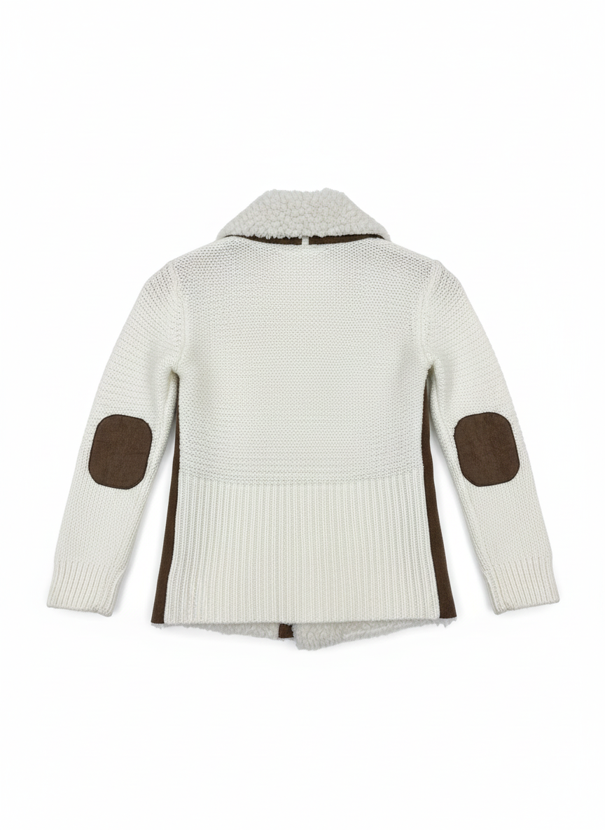 Girls' sherpa jacket back view showing cream knit back panel and sleeves with brown suede elbow patches laid flat on white background - kids winter coat