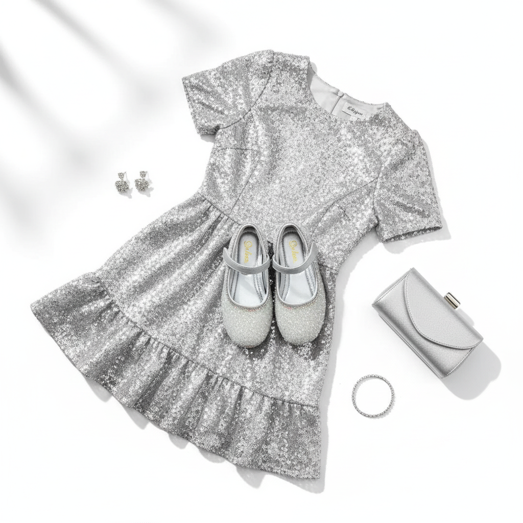 Silver glitter Mary Jane flats styled with silver dress flat lay