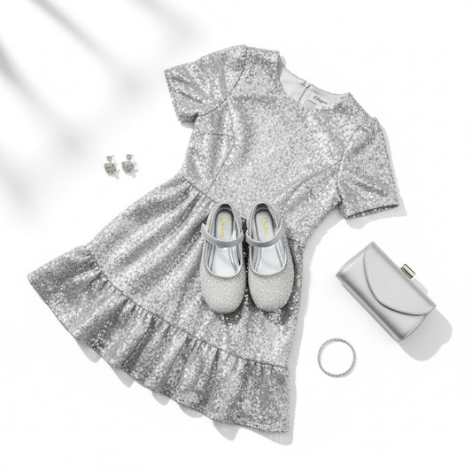Silver glitter Mary Jane flats styled with silver dress flat lay
