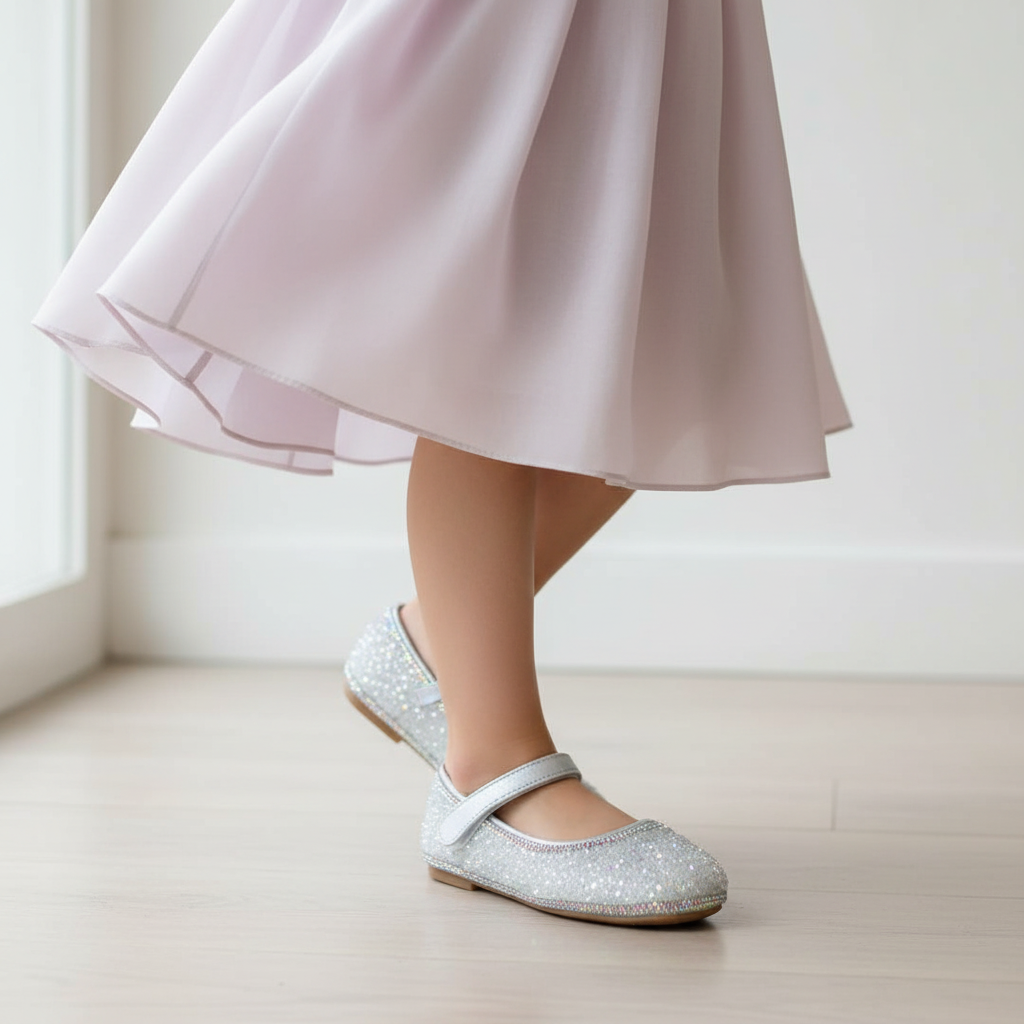 Young girl wearing silver glitter Mary Jane flats with rhinestone trim, close-up lifestyle shot