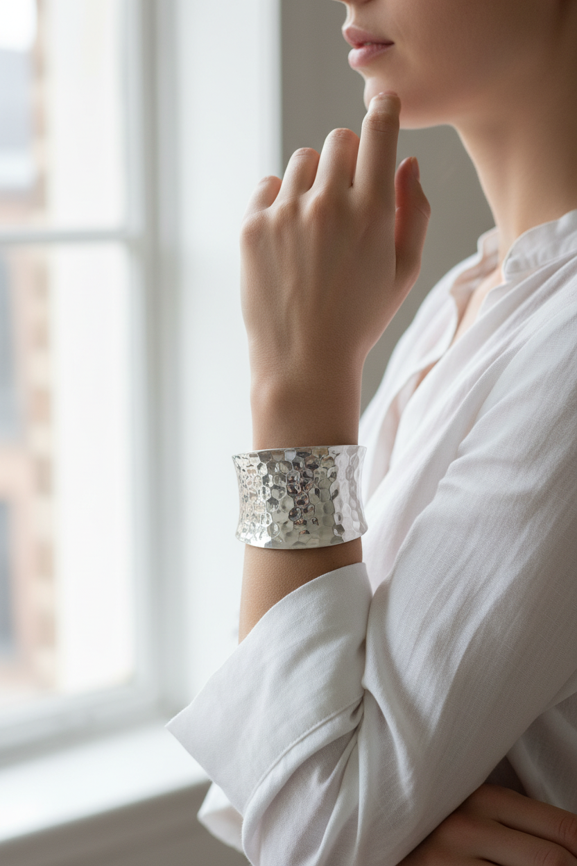 Silver hammered cuff bracelet lifestyle