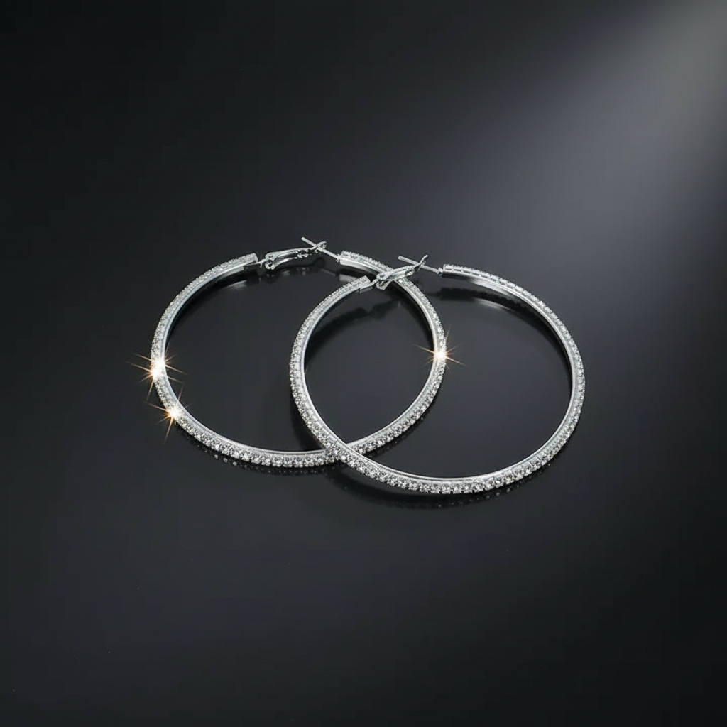 Professional studio photograph of silver rhinestone hoop earrings against clean backdrop with dramatic lighting creating brilliant sparkle on crystal-encrusted 3-inch statement hoops