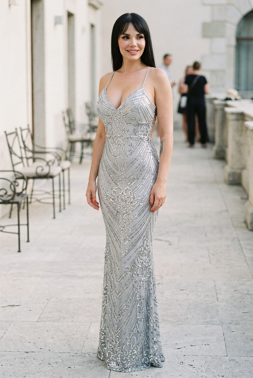 Silver sequin mermaid gown in a natural outdoor lifestyle setting