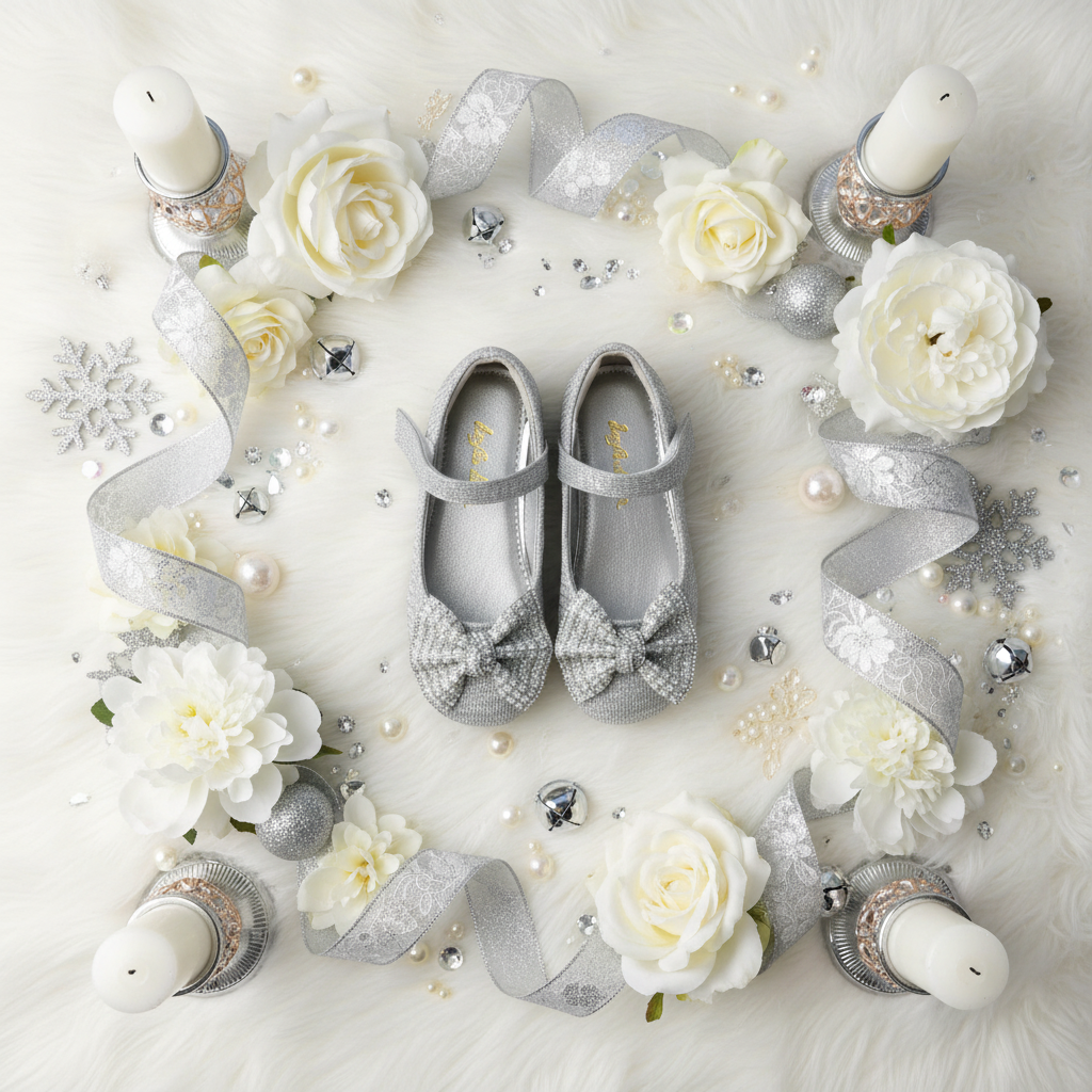 Silver glitter Mary Jane shoes with rhinestone bow on luxurious white fur with roses, pearls, and champagne gold accents