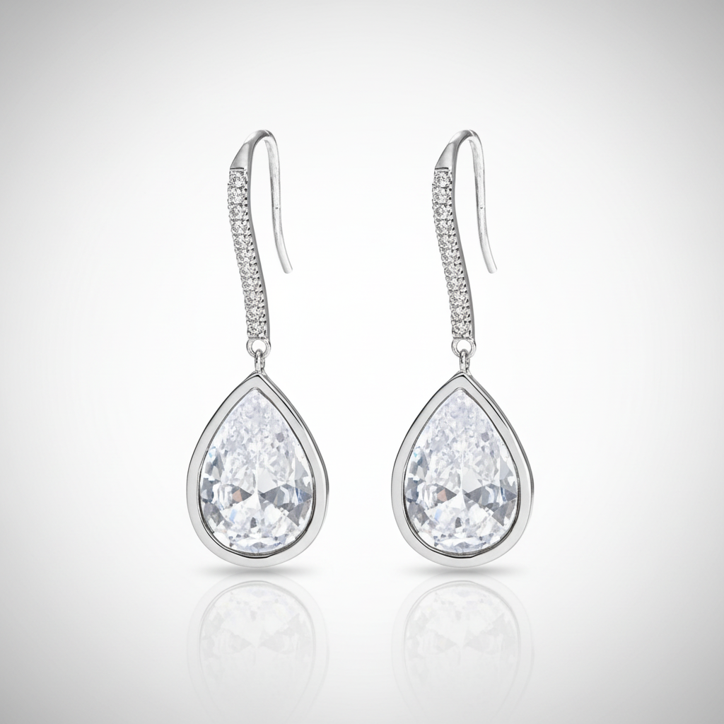 Silver Teardrop CZ Drop Earrings Authentic Studio Pair