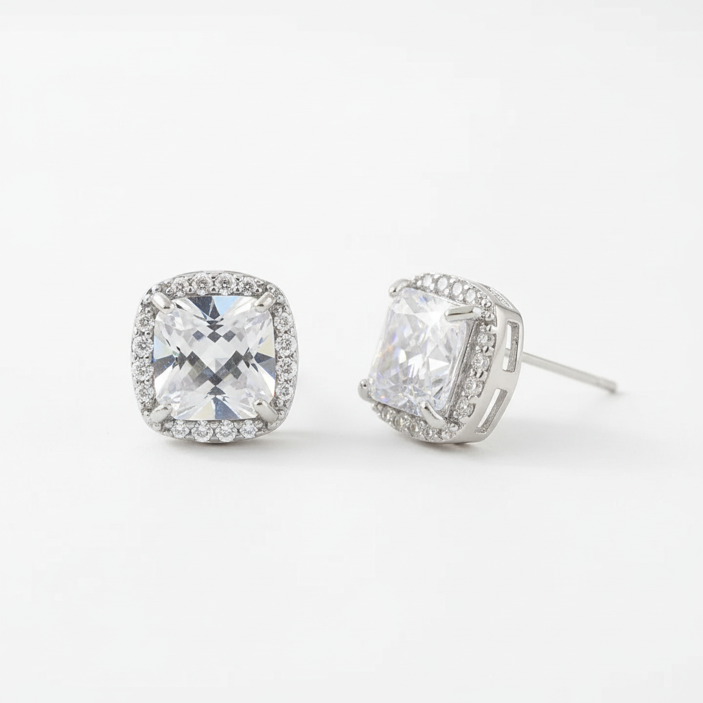 Silver-tone CZ stud earrings studio shot
