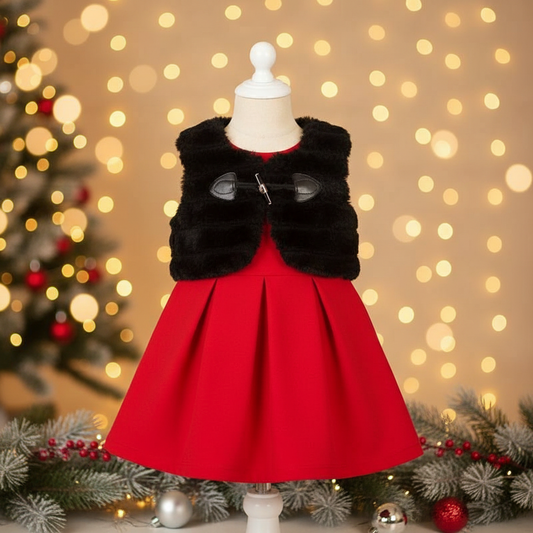 Young girl wearing sleeveless red pleated holiday dress with black faux fur vest in festive setting with warm lighting and winter decor