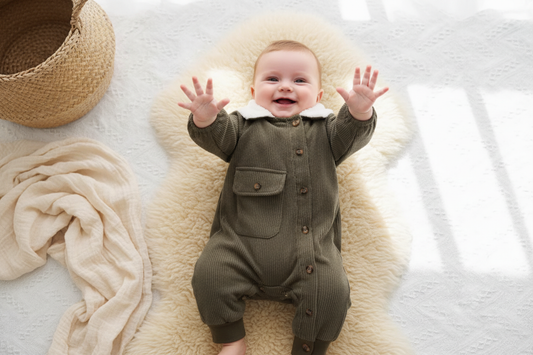Smiling baby wearing olive green corduroy jumpsuit with white sherpa collar lying on cream sheepskin rug with natural window light, editorial fashion photography
