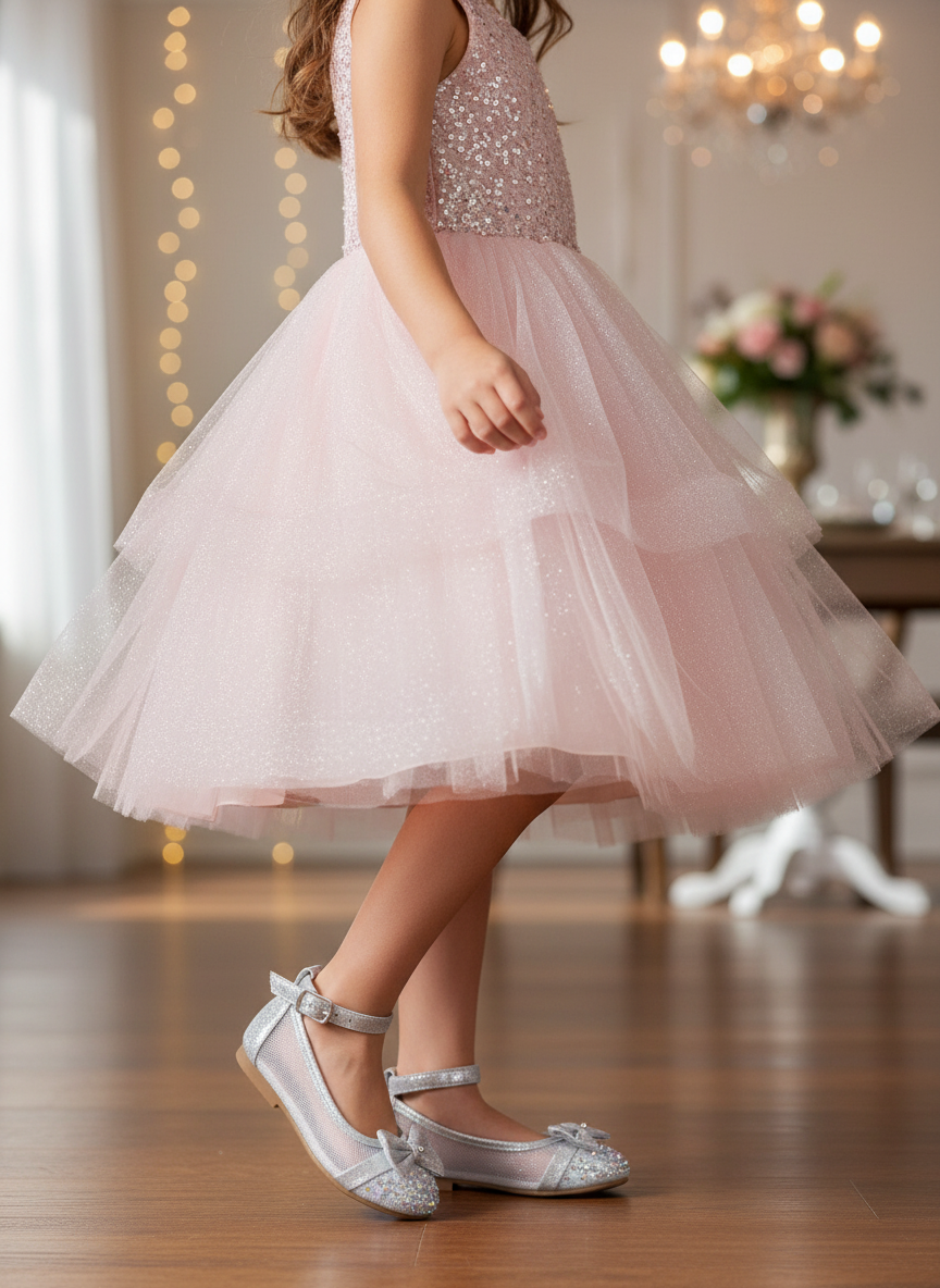 Young girl wearing silver sparkly dress shoes with rhinestone bow and ankle strap at special occasion