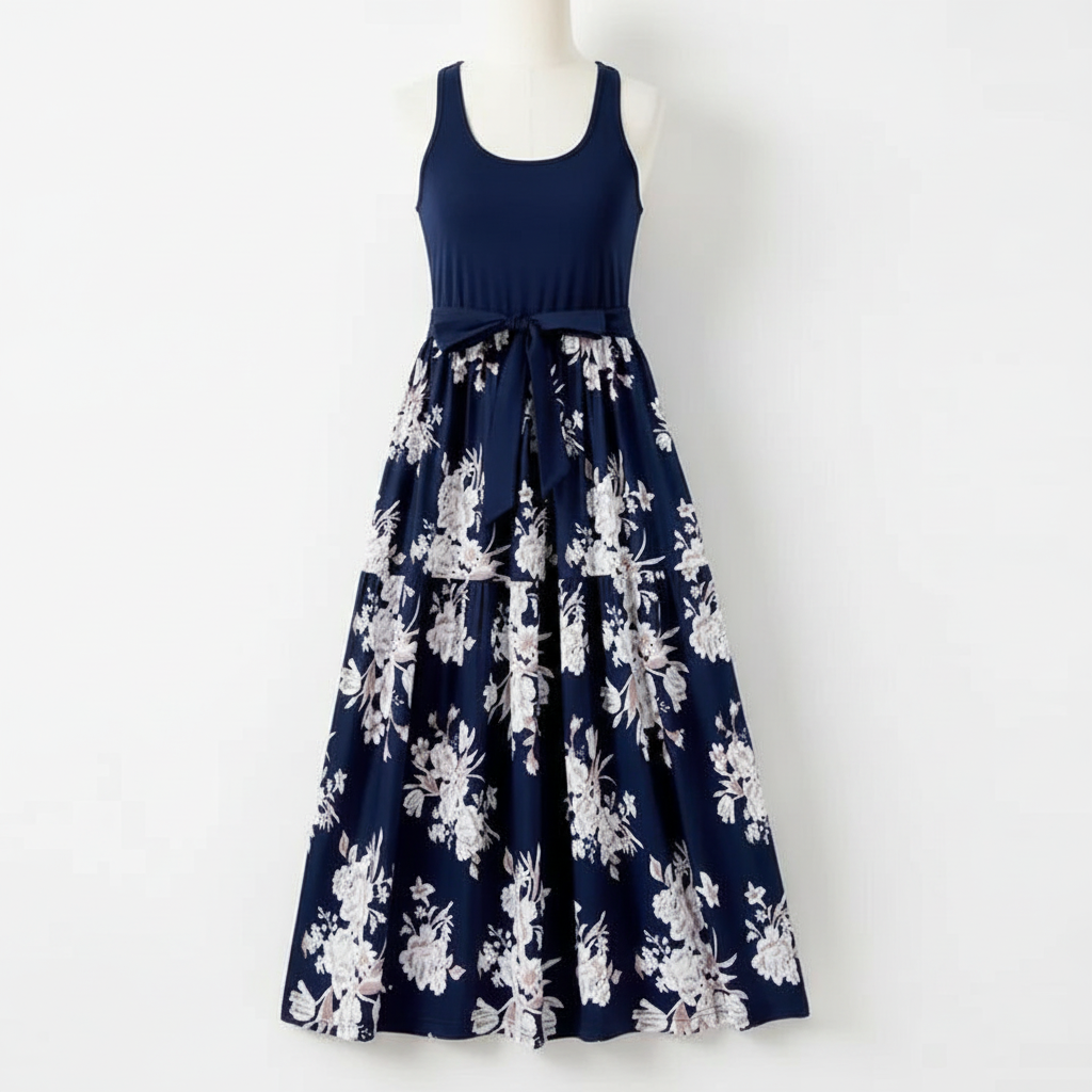 Women's navy blue floral maxi dress with tank top and white floral tiered skirt on dress form - family matching outfit