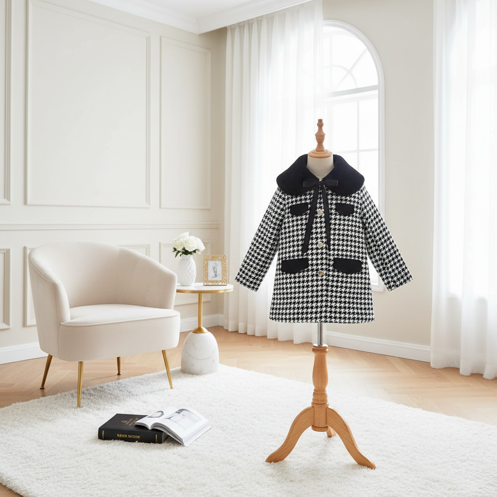 Girls' black and white houndstooth coat with detachable faux fur collar and bow tie detail styled on dress form - classic formal children's outerwea