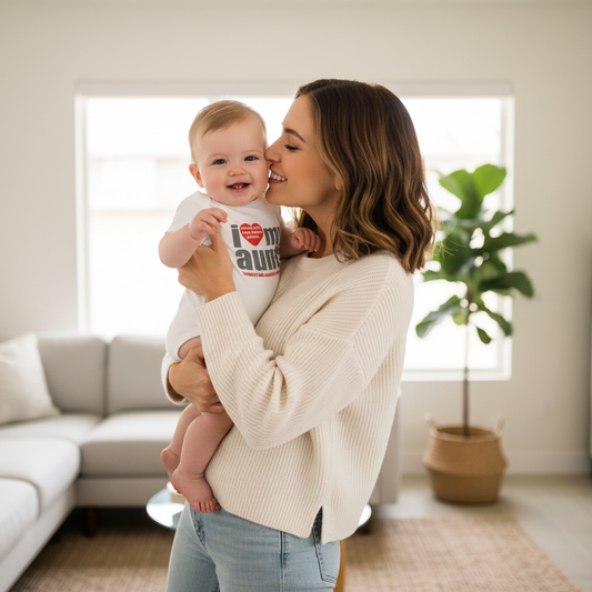 Aunt holding baby in white "I Love My Aunt" onesie with red heart graphic, loving moment