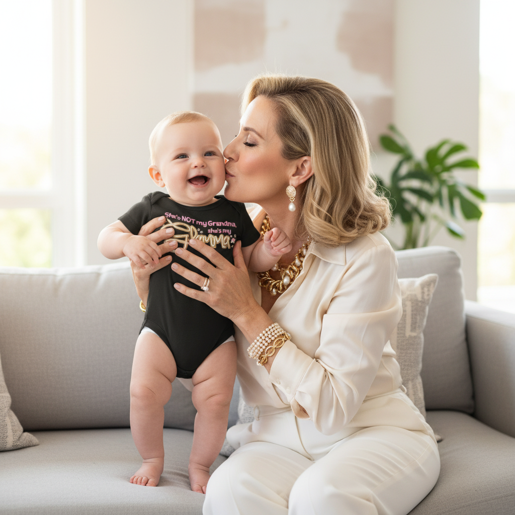 Stylish grandmother holding baby wearing black Glamma onesie, heartwarming bonding moment in contemporary home