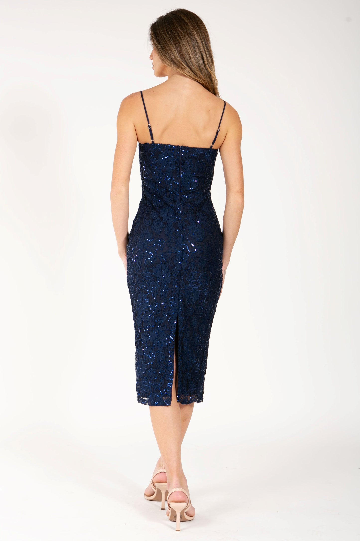 Navy Sequin Lace Pencil Midi Dress