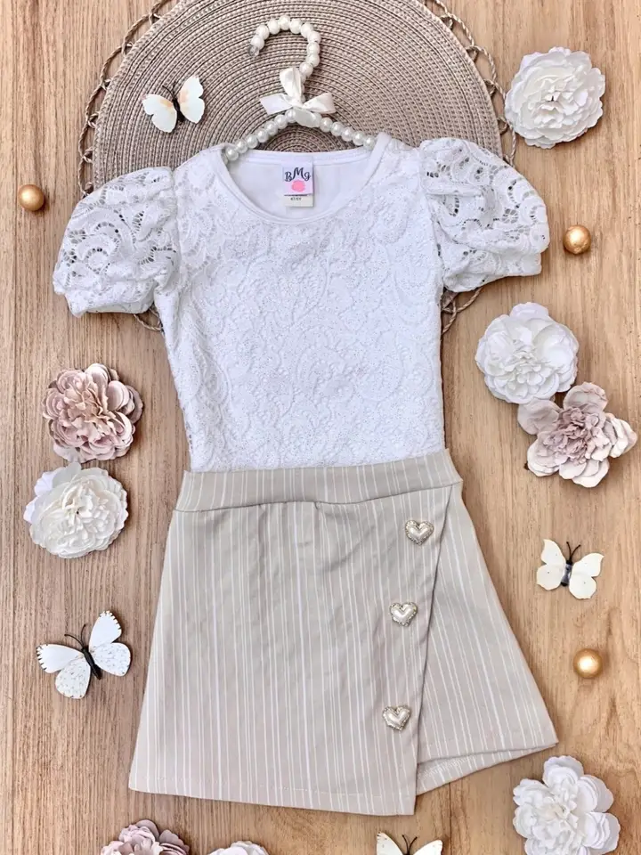 Girls' White Lace Top & Skort Set