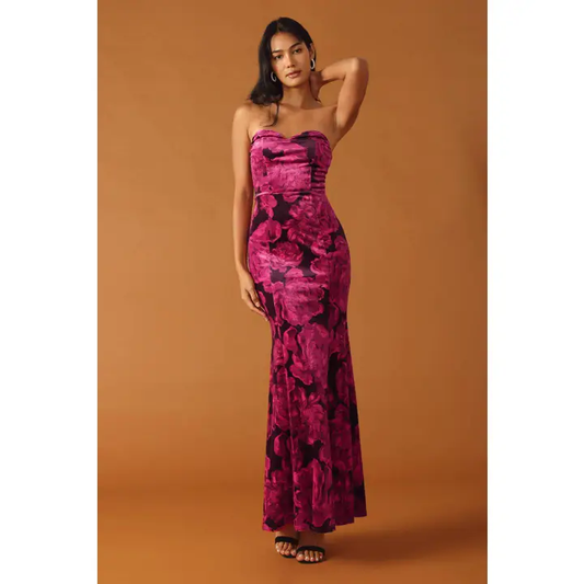 Burgundy floral burnout velvet maxi dress with strapless sweetheart neckline and fitted bodice