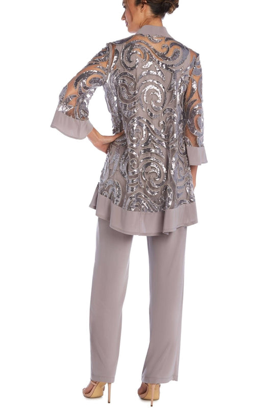 Taupe Sequined 3-Piece Evening Pants Set w/Necklace