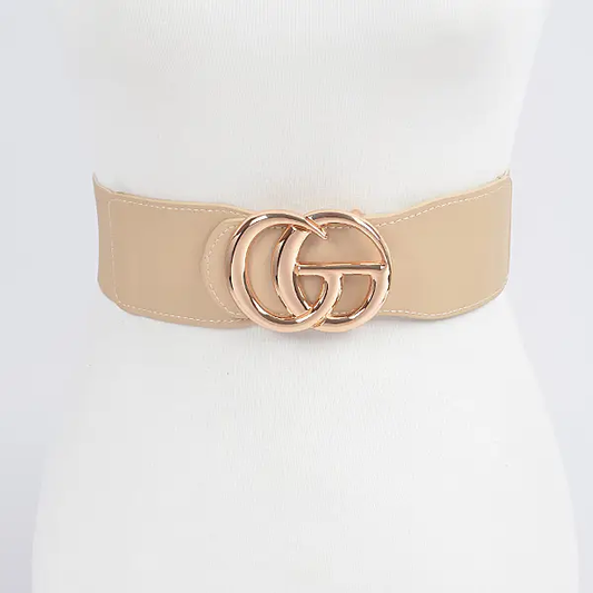 A beige faux leather belt with a luxury gold-tone double-loop buckle, displayed against a mannequin.