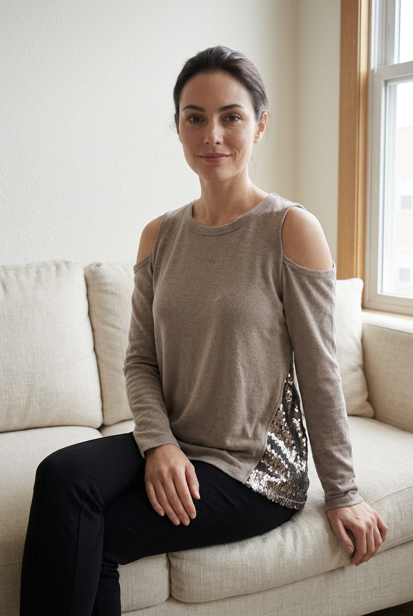 Taupe cold-shoulder top with metallic sequin side panels on a model seated naturally on a cream couch