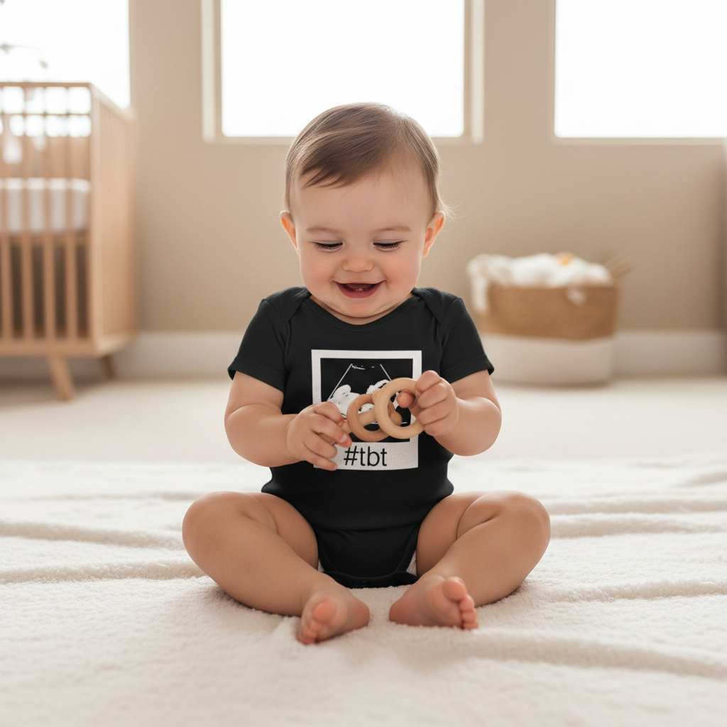 Black baby onesie with sonogram ultrasound image and #TBT text on a baby