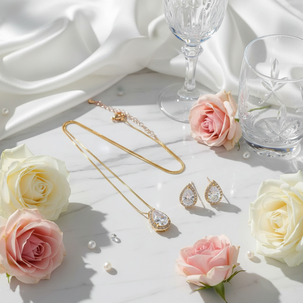 Teardrop cubic zirconia necklace and earring set styled with white roses and crystal glassware on marble surface