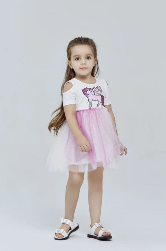 Girls' Unicorn Cold Shoulder Dress w/Ombre Tulle