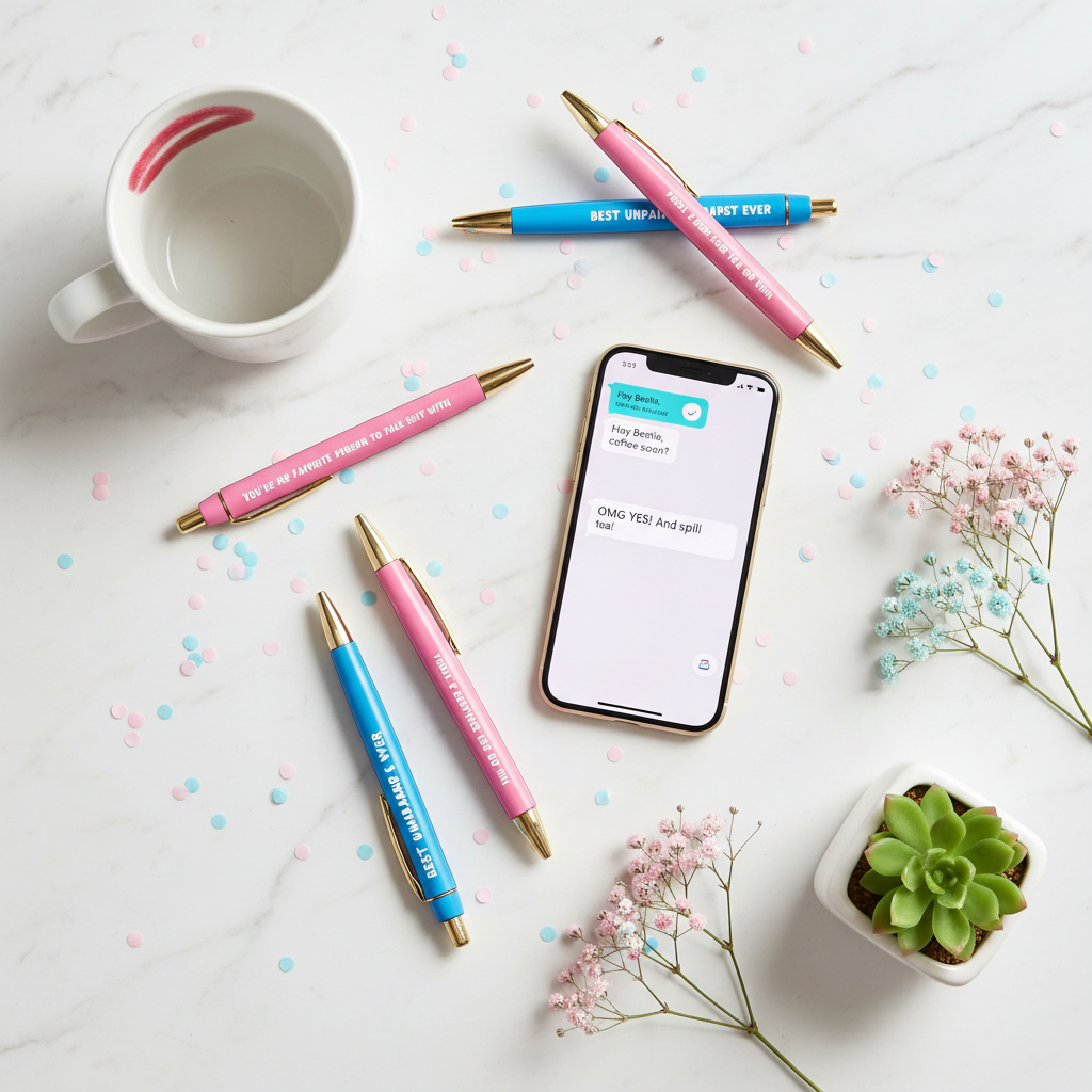The Besties pen set with pink and blue pens displayed with coffee, confetti, and playful props on marble