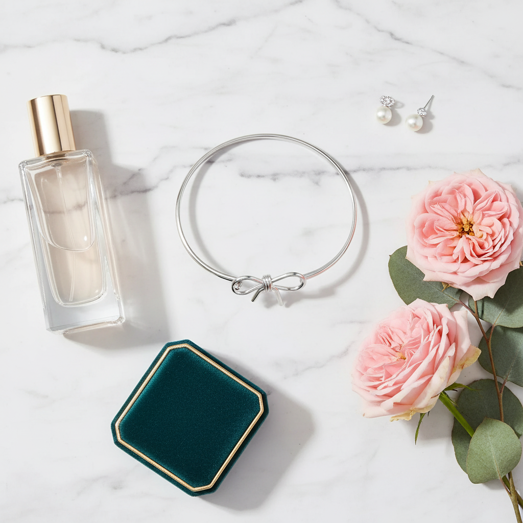 Thin bow bangle bracelet flat lay