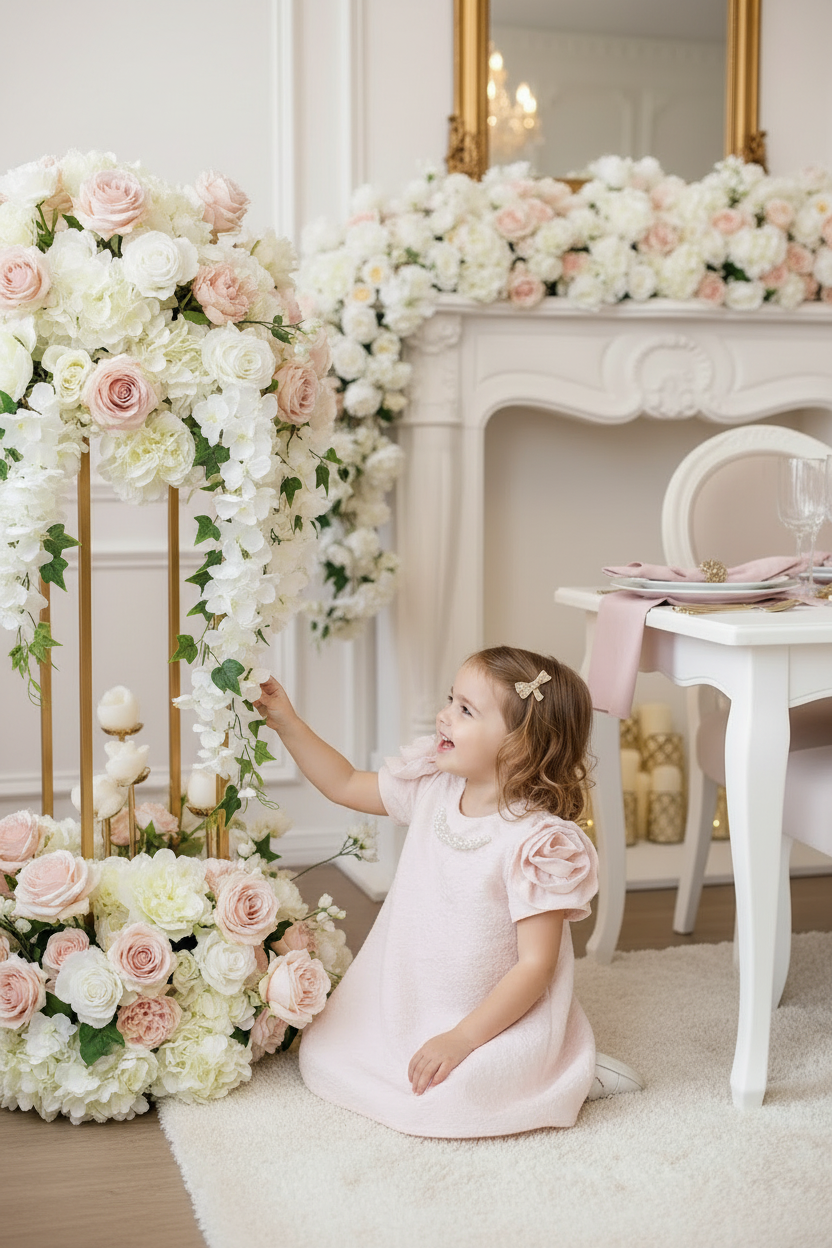 Girls' Floral Brocade Dress with Pearl Collar & Rosette Sleeves