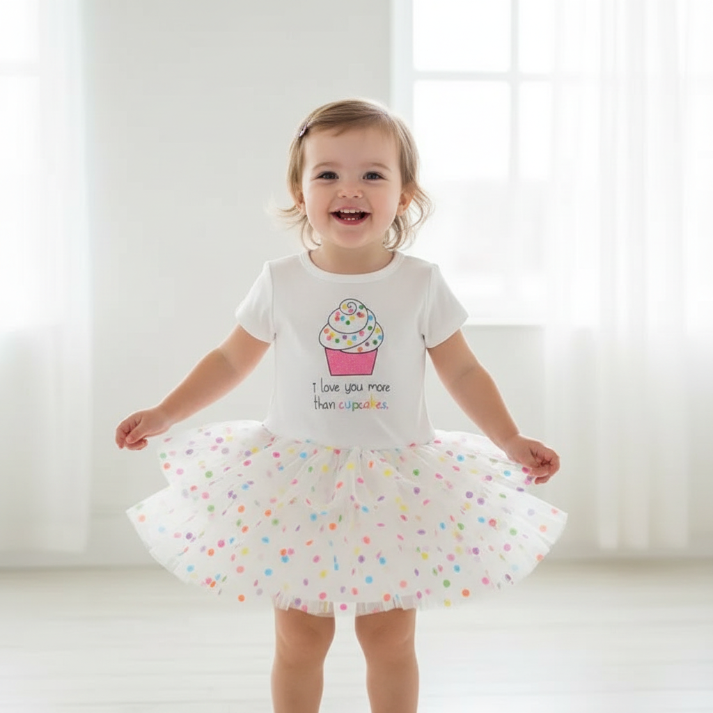 Toddler girl wearing white cupcake dress with short ruffled confetti dot tulle skirt