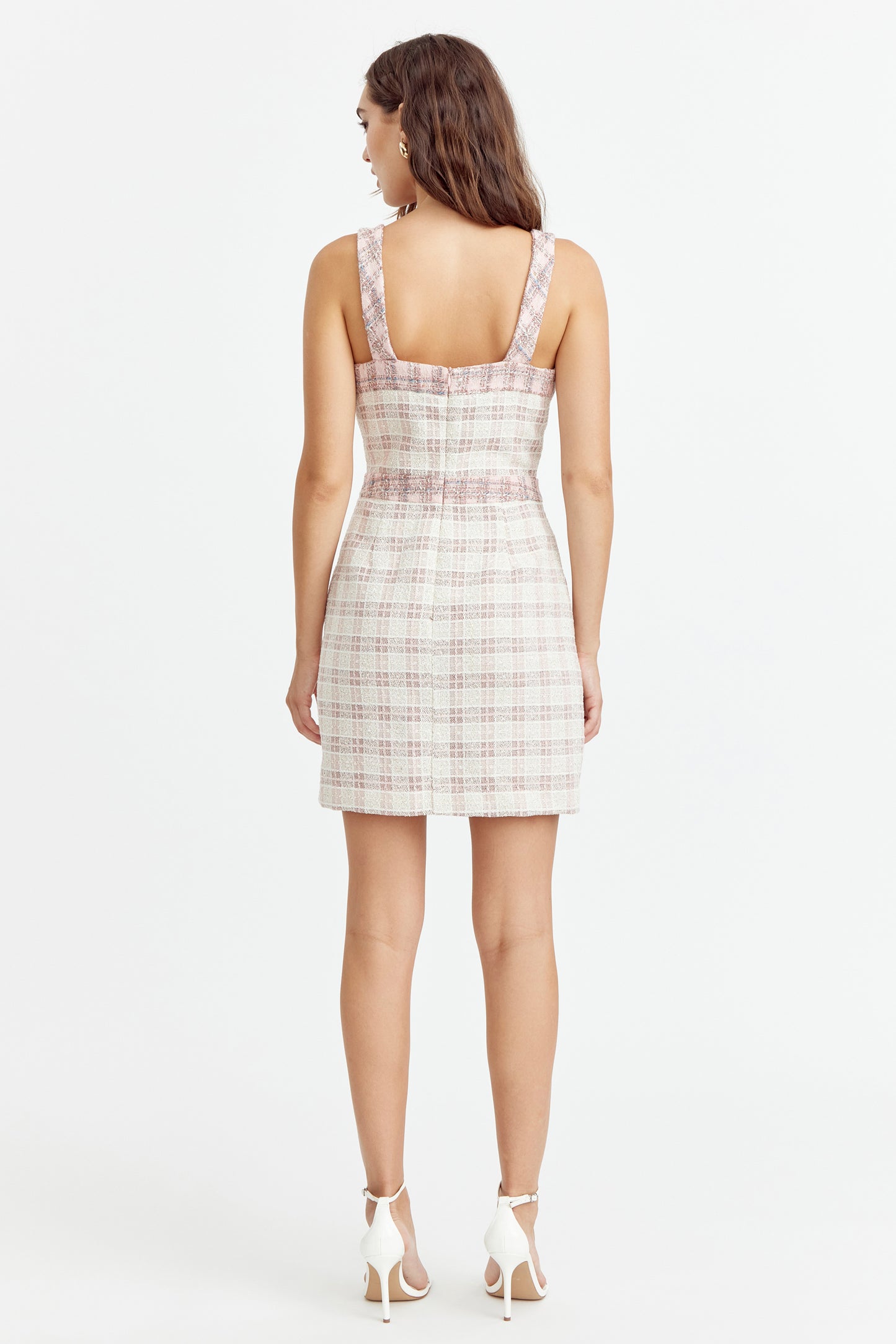 Pearl Button Mix Tweed Dress Pink/Ivory
