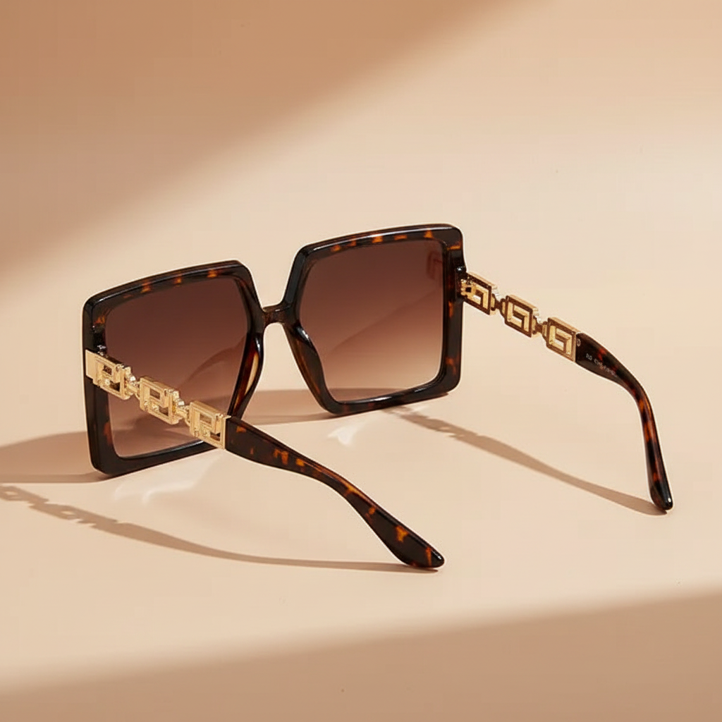 Tortoise square sunglasses with gold Greek key temple detail shown from back angle on warm beige background - luxury eyewear photography