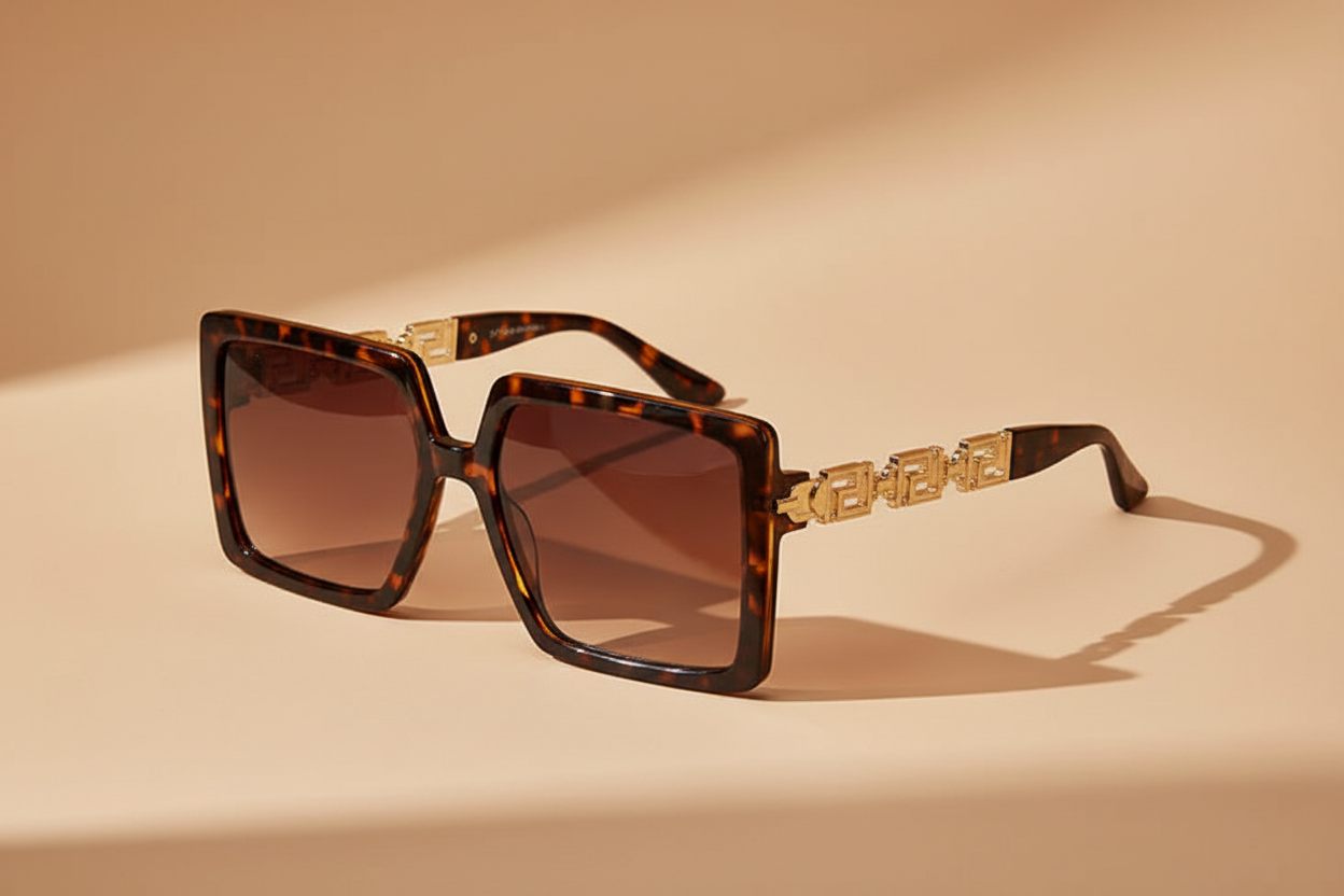 Tortoise square sunglasses with gold Greek key designer trim - luxury eyewear product photography