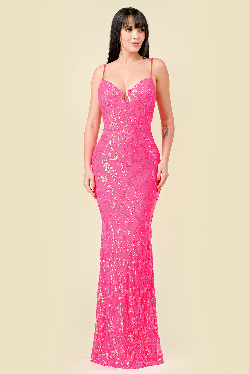 Sequin V-Wire Bodycon Mermaid Gown - Pink