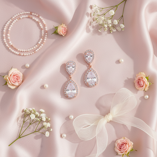 Romantic flat lay of rose gold two-tier pear CZ drop earrings with pale pink stones on blush silk surface styled with soft ribbon and delicate flowers, showcasing 1-inch bridal earrings