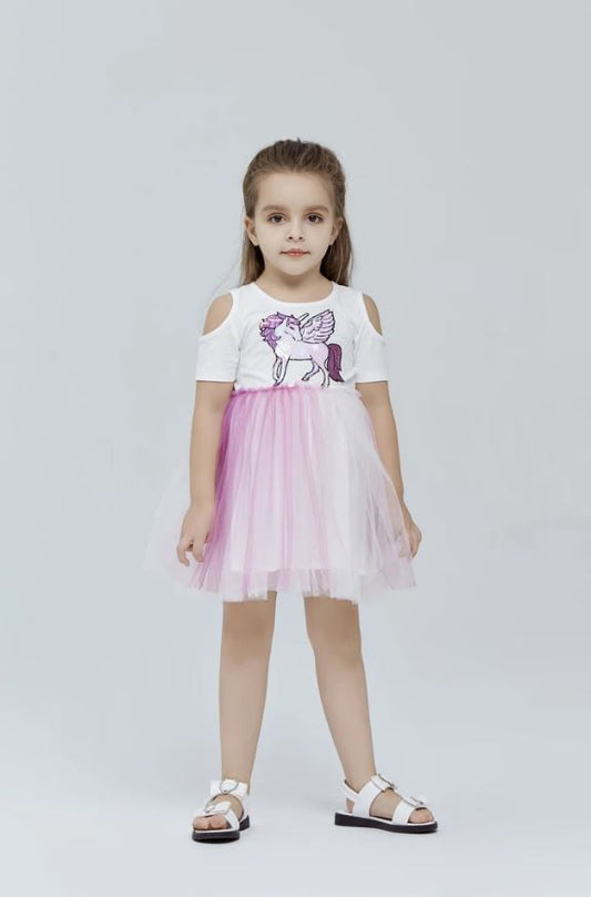 Girls' Unicorn Cold Shoulder Dress w/Ombre Tulle
