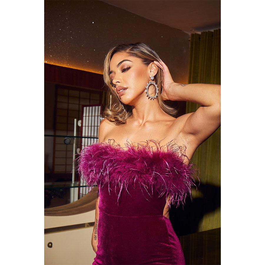 Black Strapless Feather Velvet Catsuit