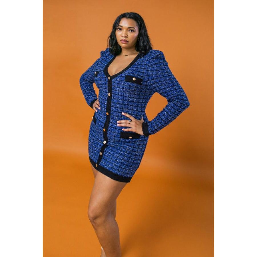 Blue Boucle Sweater Knit Dress w/Puff Sleeves PLUS