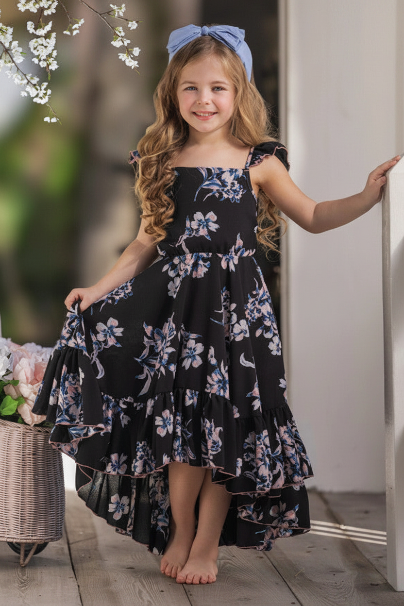 Young girl in a black floral dress standing outdoors with a blurred background