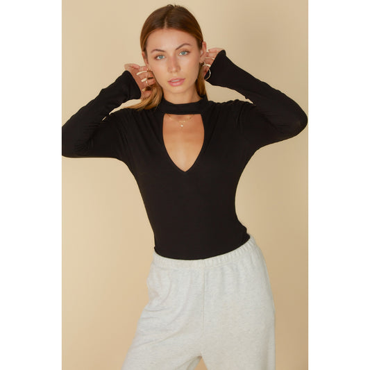 Deep V Choker Neck Long Sleeve Ribbed Bodysuit – Black